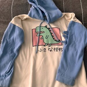 Teen Dinosaur Hoodie - Cream and Blue